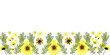 Banner con decorazione di fiori gialli misti e rami con foglie verdi