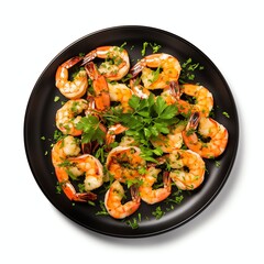 Wall Mural - a Grilled shrimp with chopped parsley on black plate, studio light , isolated on white background