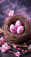 Wall Mural - Soft pink Easter eggs in rustic nest with delicate cherry blossoms. Easter greeting card, phone wallpaper