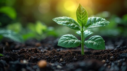 Wall Mural - Close up green seedling growing on fertile soil with blurred nature background. Generative AI