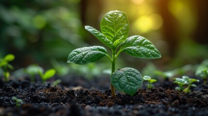 Wall Mural - Close up green seedling growing on fertile soil with blurred nature background. Generative AI