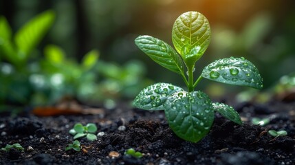 Wall Mural - Close up green seedling growing on fertile soil with blurred nature background. Generative AI