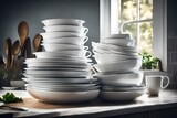 Fototapeta Londyn - A stack of freshly washed dishes arranged flawlessly, reflecting the perfect lighting to showcase their cleanliness and polished state