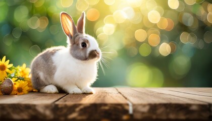 Wall Mural - the rabbit sit on the wood with light bokeh form nature background easter day