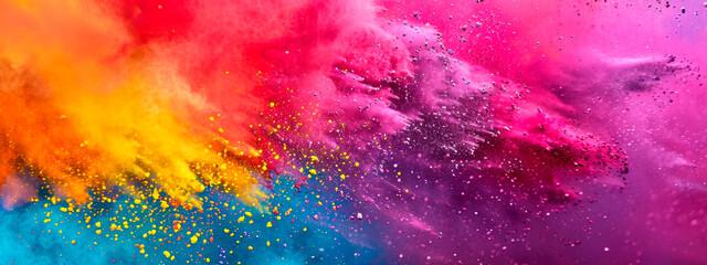 Wall Mural - High-spirited crowd celebrating Holi with vibrant powder colors flying in the air, creating a dynamic and joyful scene.