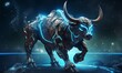 Neon cyber bull taurus background. Fierce 3d digital buffalo with glowing blue energy stripes and eyes for futuristic design and zodiac astrology