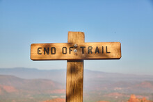 End Of Trail Sign With Desert Landscape And Clear Sky, Sedona