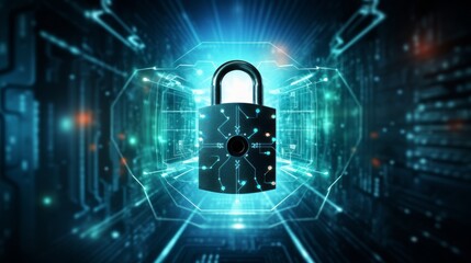 Poster - Futuristic cybersecurity concept: padlock symbolizing internet security and personal data protection on tech background