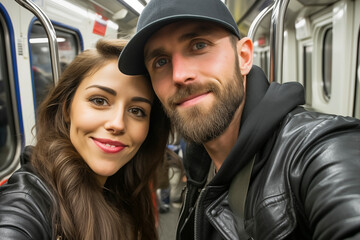 Happy train subway passenger young couple man and woman taking selfie picture smiling and enjoying travel trip. People traveling together. Road trip lifestyle. Cheerful urban concept transport