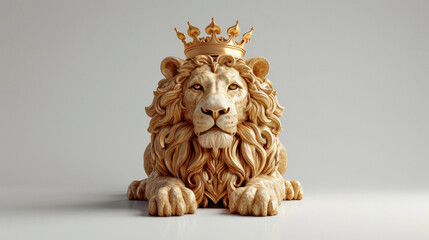 Regal lion lying on floor with a golden crown on a neutral background, symbolizing power and royalty.