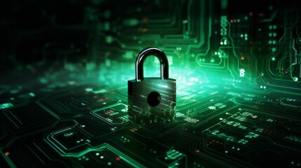 Poster - Futuristic cybersecurity concept: padlock symbolizing internet security and personal data protection on tech background