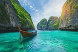 Fototapeta Uliczki - Panorama amazed nature scenic landscape Maya Bay with boat for traveler, Attraction famous popular place tourist travel Phuket Thailand beach summer vacation trips, Tourism beautiful destination Asia