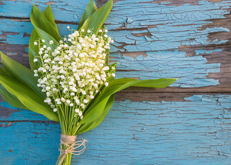 Wall Mural - May Day greeting card concept; bouquet of lilies of the valley on a old blue paint wooden background