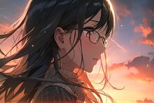Closeup Profile View Cute Thoughtful Anime Girl With Black Hair And Glasses Against A Background Of Sunset