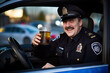 Drunk police officer driving car with beer