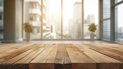 Wall Mural - Empty copy space on modern office table in city center for displaying product mockup.