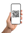 © valiantsin - QR code on mobile phone app. QRcode scanner, reader app in hand isolated