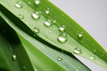 Wall Mural - Big water drop Water on green leaf. Beautiful leaf with drops of water. Environment Concept. Photo of rain drops falling from a leaf. Long wide banner. Copy space for your design.