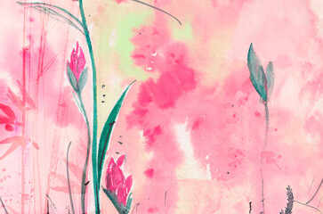 Floral background freehand watercolor painting.