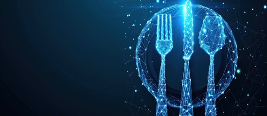 Futuristic food concept with glowing fork, knife and plate isolated on dark blue background.