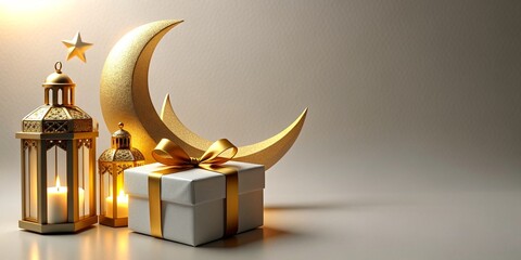 Islamic background, lantern, gold crescent moon on white. Design concept of Ramadan Kareem, mawlid, Iftar, Isra and Miraj or Eid Al Fitr Adha. 3D illustration