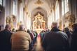 Holy mass in Christian church, Inside a spacious church, people are praying quietly