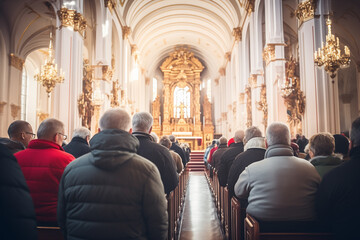 Holy mass in Christian church, Inside a spacious church, people are praying quietly