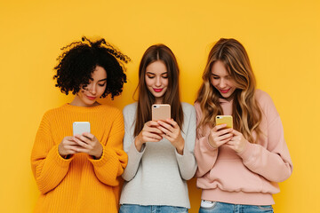 Wall Mural - Three beautiful young women looking at smartphones on a orange background