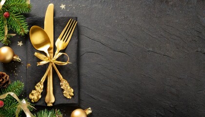 Wall Mural - a banner with golden cutlery on a black stone table representing a table setting for christmas or new year it can be used as a card menu template or for any other purpose has copy space and