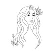 Portrait of a girl with long hair, with flowers in her hair and on her body. Line art.