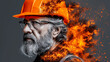 Side profile of an older man with a beard, wearing glasses and an orange safety helmet, with a fiery explosion in the background