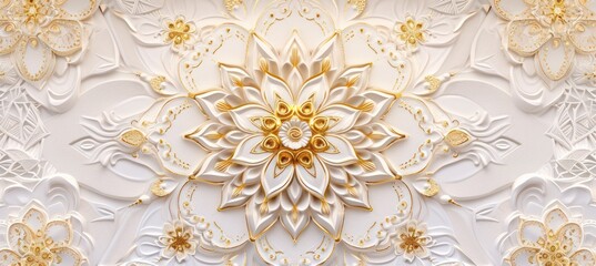 Wall Mural - 3d wallpaper for ceiling with white and golden mandala decoration model and decorative frame background