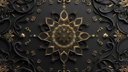 Wall Mural - 3D wallpaper design for a ceiling featuring a black and golden mandala decoration model against a decorative frame background.