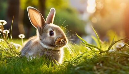 Wall Mural - cute little bunny in grass with ears up looking away