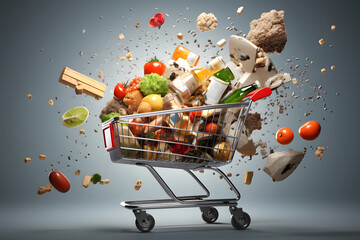 grocery cart with fruits, vegetables and other products from the supermarket flying to the sides on a dark background. food industry