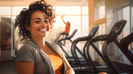 Wall Mural - A fit woman's radiant smile captures the essence of determination and strength as she poses confidently against a gym wall, dressed in sportswear and holding an exercise device