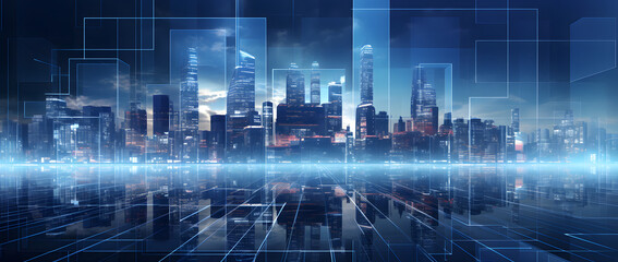 Illustration of a modern futuristic smart city concept with abstract bright lights against a blue background. Showcases cityscape urban architecture, emphasizing a futuristic technology city concept.
