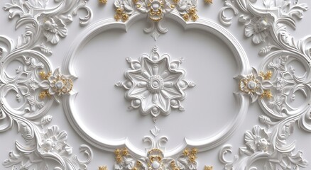 Wall Mural - Ceiling 3D wallpaper adorned with a white and golden mandala decoration model set against a decorative frame backdrop.
