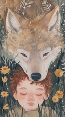 Wall Mural - A painting of a child and a wolf