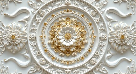 Wall Mural - Ceiling 3D wallpaper adorned with a white and golden mandala decoration model set against a decorative frame backdrop.
