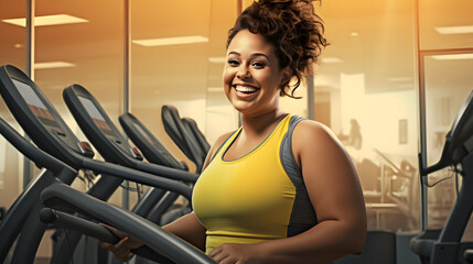 Wall Mural - A confident woman exudes joy as she poses for the camera in her stylish exercise clothing against a indoor wall, showcasing her radiant smile and toned shoulders