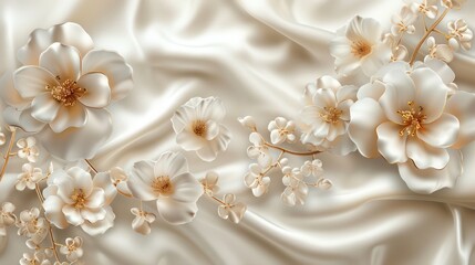 Wall Mural - 3d background with luxury beautiful white flowers, silk background for wall print, and ceiling wallpaper