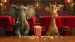 A funny photo of an elephant and a giraffe at the cinema sitting in front row, eating popcorn and looking at a movie