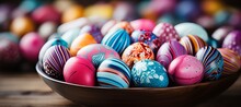 Vibrant Easter Egg On Wooden Table, Decoupage Eggs, Space For Text And Decoration, Holiday Scene.