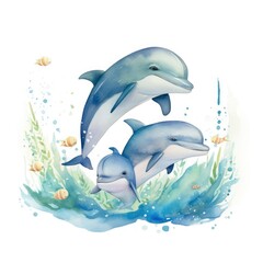 Wall Mural - Watercolor illustration of a family of dolphins on a white background.