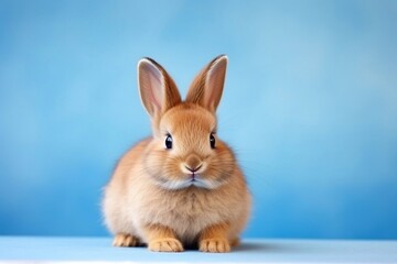 
healthy lovely baby brown bunny easter rabbit on blue background. Cute fluffy rabbit on blue background Lovely mammal with beautiful bright eyes in nature life. Animal Easter symbol concept