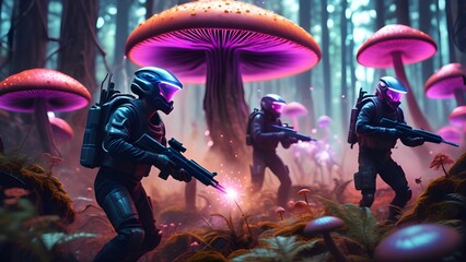 Wall Mural - Dramatic video game scene. Futuristic psychedelic forest heroes combat explosions backlights. Generative AI.	