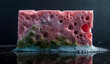 pink sponge with green algae on a black surface in