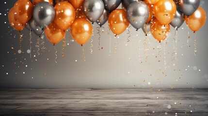 Wall Mural - Orange and silver balloons with confetti and with wooden floor against a festive bokeh background.Frame, border, postcard, birthday card. Copy space. Generative AI	