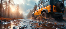 A yellow 4x4 offroad vehicle splashes through mud in a forest, showcasing an adventurous spirit. Sunlight filters through the trees, highlighting the action.